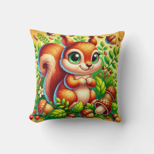 Coussin Écureuil mignon entouré de feuilles de forêt vibra