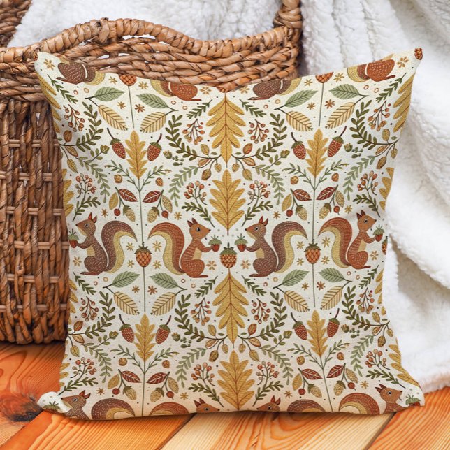 Coussin Écureuils Feuilles d'Automne Nature Chaude  (Squirrels and autumn leaves pillow)