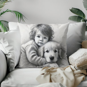 Coussin Effet de croquis d'innocence d'enfant et de chien 