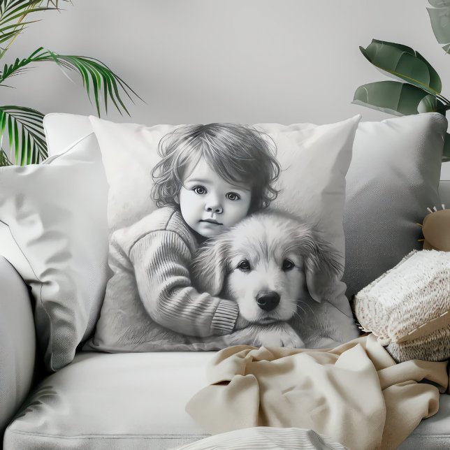 Coussin Effet de croquis d'innocence d'enfant et de chien  (Créateur téléchargé)