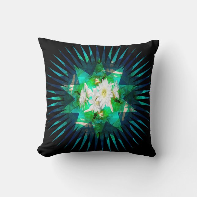Coussin Effet de kaléidoscope à fleur Aqua Cactus, (Recto)