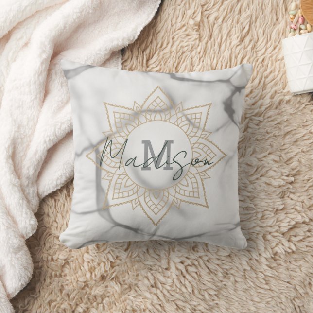 Coussin Effet Gris et Marbre blanc Or Mandala Monogramme (Couverture)