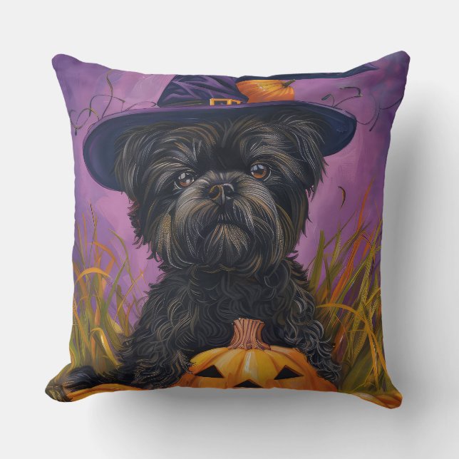 Coussin Éffrayant Affenpinscher Halloween sorcière et Citr (Recto)