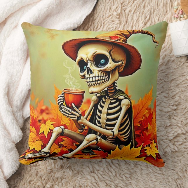 Coussin Éffrayant Automne Skeleton's Coffee Break Design (Couverture)