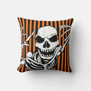 Coussin Éffrayant Halloween Squelette Orange Noir