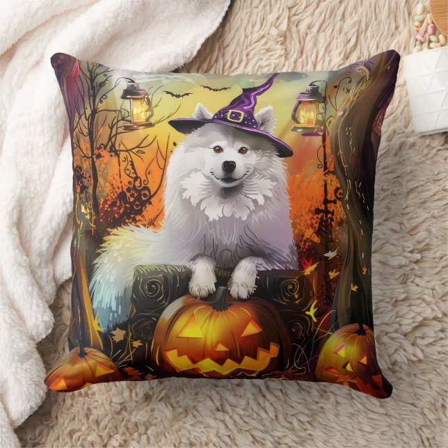 Coussin Éffrayant Samoyed Chien Halloween sorcière et Citr (Couverture)