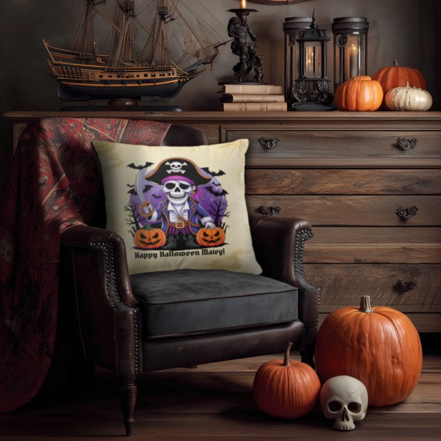 Coussin Éffrayant Skeleton Pirate Happy Halloween Matey (Créateur téléchargé)