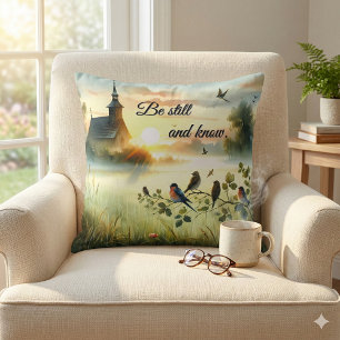Coussin Église au lever du soleil avec des oiseaux dans un