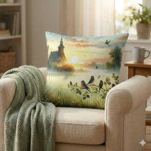 Église au lever du soleil avec oiseaux dans un pré