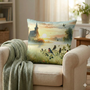 Coussin Église au lever du soleil avec oiseaux dans un pré