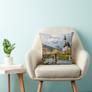 Coussin Église d'automne et arbres avec texte personnalisa