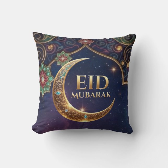 Coussin Eid Moubarak célébration islamique Or et marine (Recto)