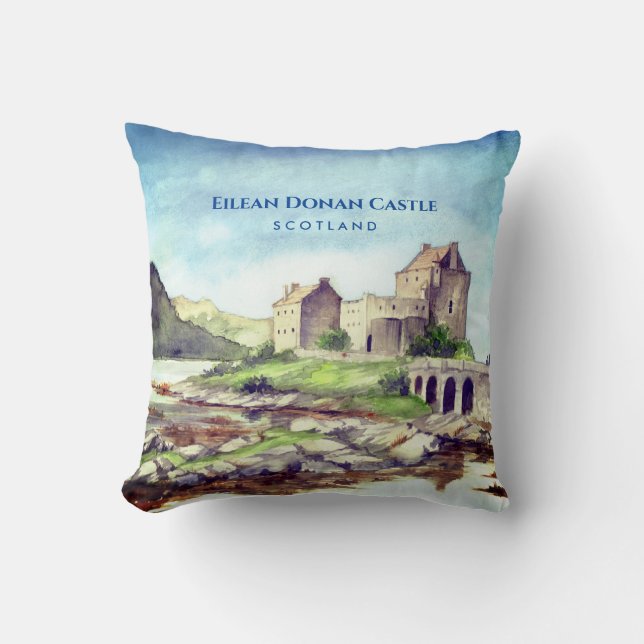 Coussin Eilean Donan Castle Ecosse aquarelle peinture (Recto)