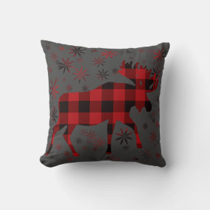 Coussin Élan de Noël carreau rouge noir classique