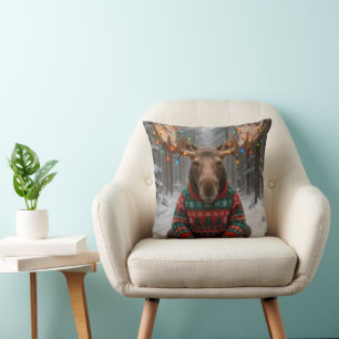 Coussin Élan portant un pull de Noël laid