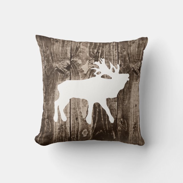 Coussin Élans de Bugling sur le carreau en bois rustique (Recto)