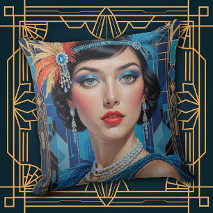 Coussin Élégance cocktail des années 1920, jeune femme fla