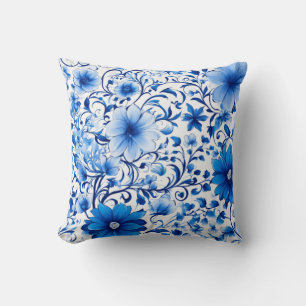 Coussin Élégance des fleurs lunaires en bleu et blanc