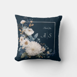 Coussin Élégance florale bleue de minuit avec fleurs blanc