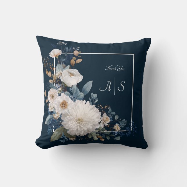 Coussin Élégance florale bleue de minuit avec fleurs blanc (Recto)