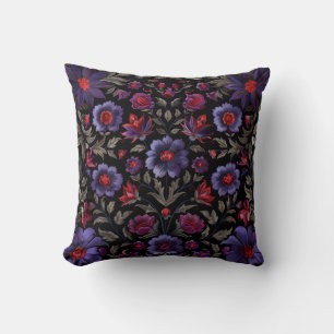 Coussin Élégance foncée : Motif floral noir et pourpre