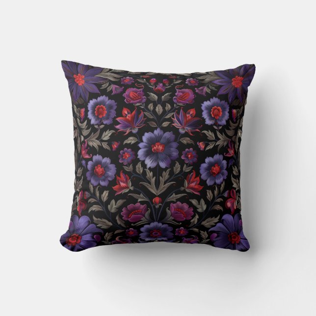 Coussin Élégance foncée : Motif floral noir et pourpre (Recto)