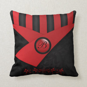 Coussin Élégance noire et rouge-foncé de monogramme