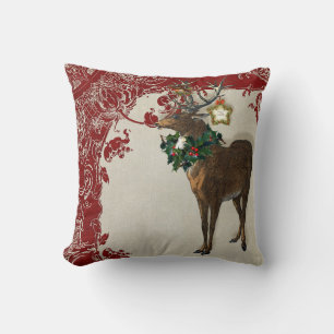 Coussin Élégance vintage Noël Cerf Antlers Damask