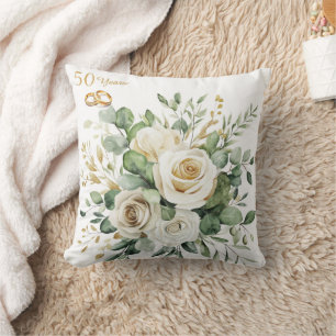 Coussin Élégant 50e anniversaire Roses blanches Bagues or