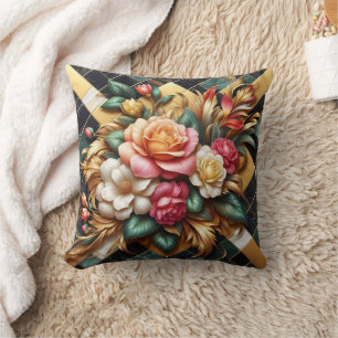 Coussin Élégant agencement de Roses colorés et de feuillag