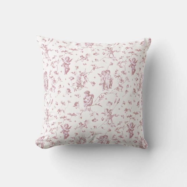 Coussin Élégant Angels Cupides Rose Blanc Toile Florale (Recto)