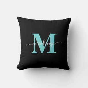 Coussin Elégant Aqua Blue Black Monogramme Nom