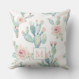 Coussin Élégant aquarelle Boho Cactus Motif Monogramme