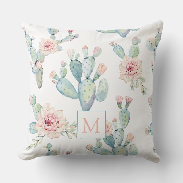 Coussin Élégant aquarelle Boho Cactus Motif Monogramme (Recto)