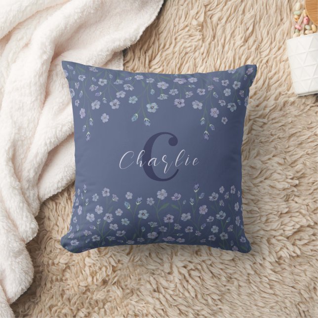 Coussin Elégant aquarelle Floral Dusty Blue Monogramme (Couverture)