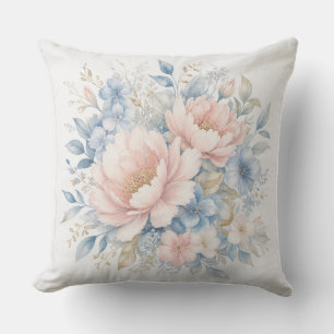 Coussin Élégant aquarelle florale rose bleu poussiéreux