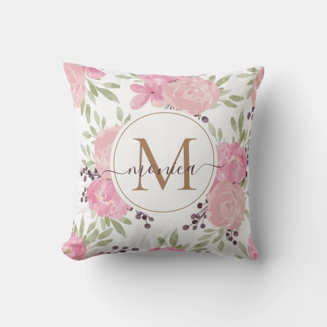 Coussin Elégant Aquarelle Rose Floral Or Monogramme (Recto)