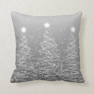Coussin Élégant Arbres Étincelants de Noël Argent