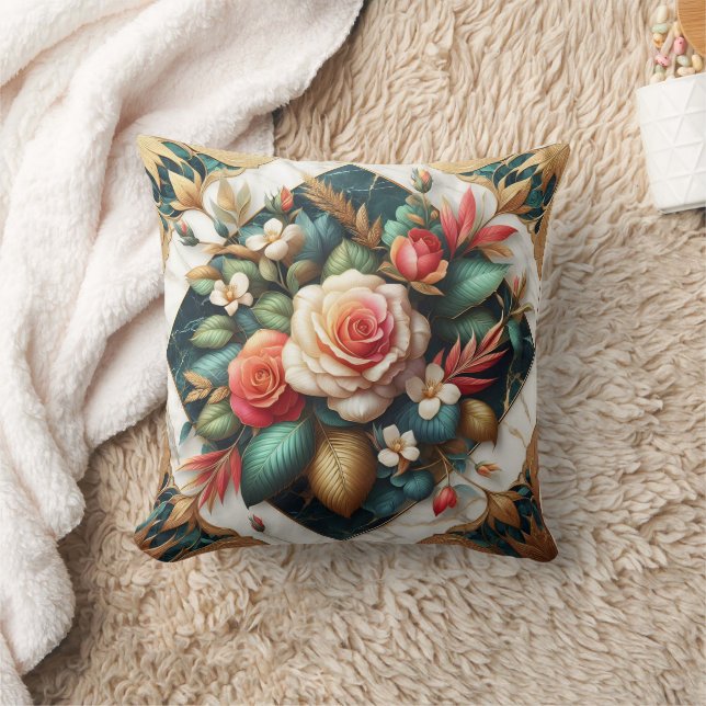Coussin Élégant Arrangement Rose Avec Accents Feuilles (Couverture)