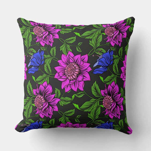 Coussin Élégant Arrière - plan Rose Et Fleur Bleue Noir (Recto)