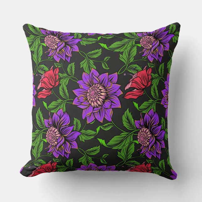 Coussin Élégant Arrière - plan Violet Et Fleur Rouge Noir (Recto)