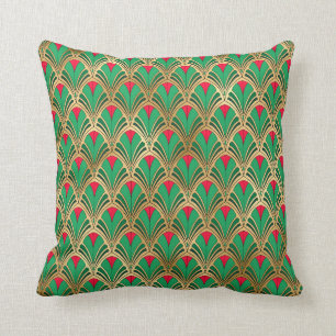 Coussin Elégant Art Déco Vert Or Rouge Luxe Vintage