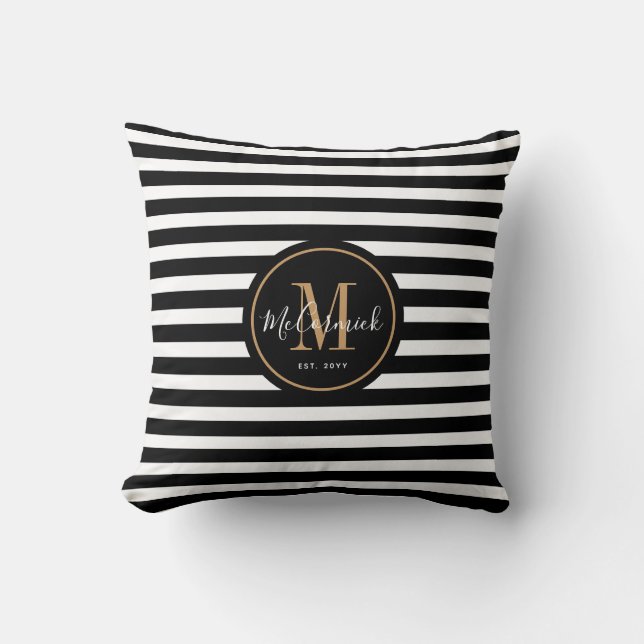 Coussin Élégant Awning Stripes Noir Blanc Nom Monogramme (Recto)