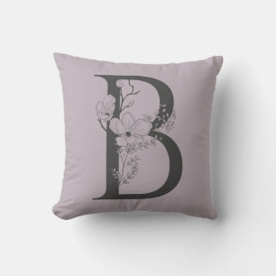 Coussin Élégant B Boho Floral Monogramme Initial Lilac Gri