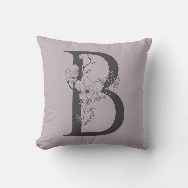 Coussin Élégant B Boho Floral Monogramme Initial Lilac Gri (Recto)