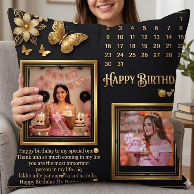 Coussin Elegant Black and Gold Birthday Photo Collage (Créateur téléchargé)