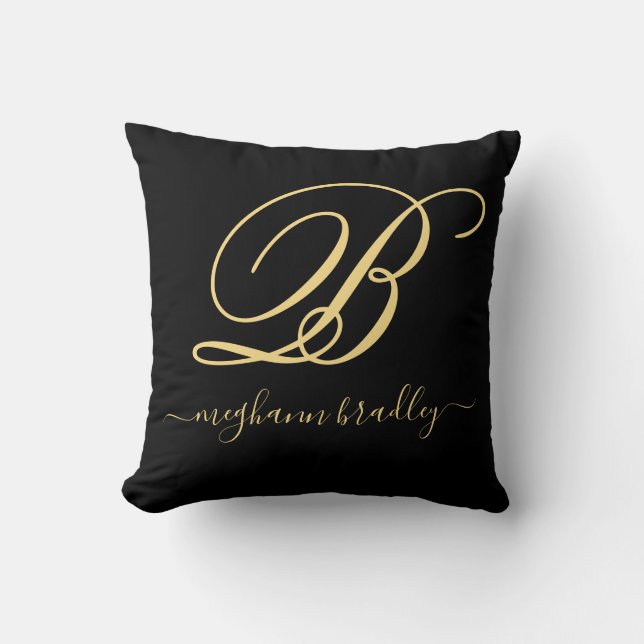 Coussin  Élégant Black Gold Nom personnalisé Monogramme  (Recto)
