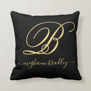 Coussin  Élégant Black Gold Nom personnalisé Monogramme 