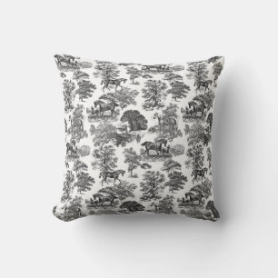 Coussin Elégant Black White Rustic Horses Toile