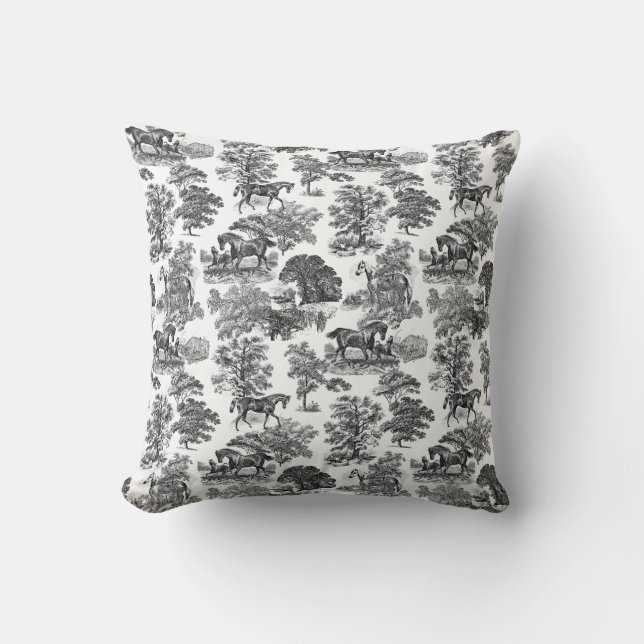 Coussin Elégant Black White Rustic Horses Toile (Recto)